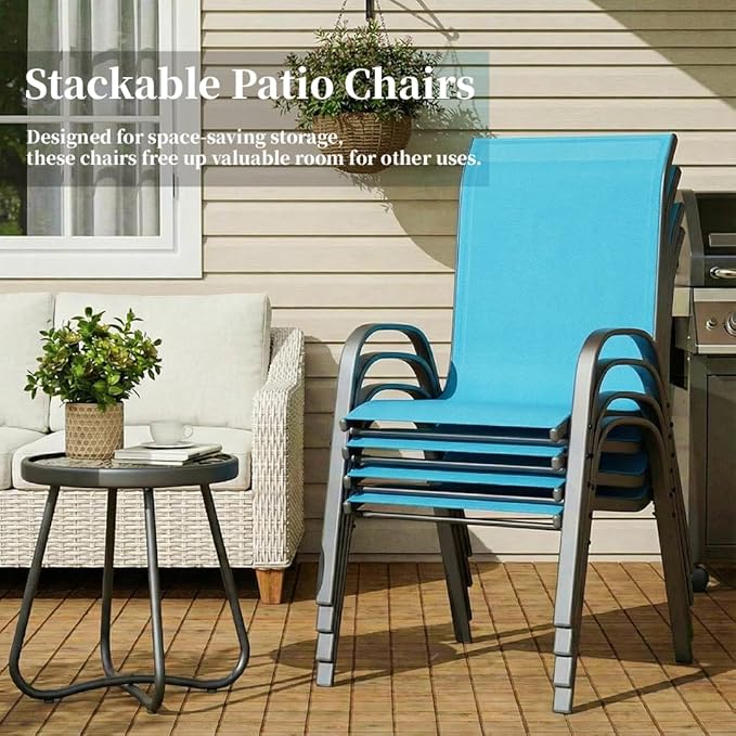 MAMIZO Patio Dining Chairs, Stackable All Weather Teslin Chair, Heavy Duty Outdoor Breathable Chairs Set, w/Armrests, Upgraded Chair FeetW/Strenthened Iron Spacers, 330 LBS (4, Turquoise Blue)