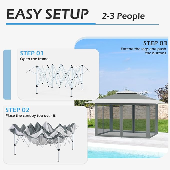 ECOTOUGE 13x13 FT Pop Up Canopy Tent with Mosquito Nettings, Patio Party Instant Shelte Gazebo w/Carrying Roller Bag Waterproof and UV Resistant for Outdoor Garden, Grill and Backyard, Grey-White