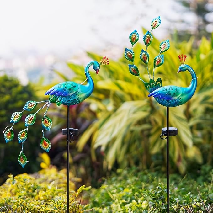 DREAMSOUL Peacock Solar Lights Outdoor 2 Pack, Waterproof Outdoor Solar Lights for Yard Pathway Peacock Garden Decor