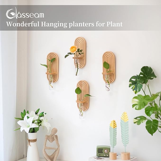 Glasseam Hanging Plant Propagation Stations: Boho Glass Wall Propagation vases Set of 4 - Wood Plant Holder Decorative Planters Terrarium Test Tube for Home Office Indoor Decor
