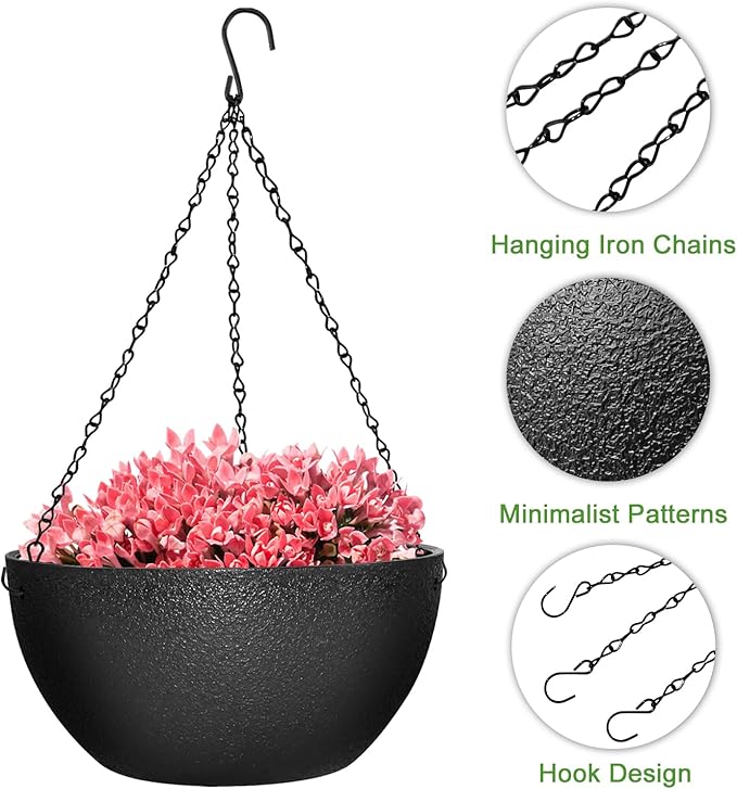 Enenes 13 Inch Large Hanging Planters 2 Pack, Plastic Plant Pots with Drainage Holes and Chains for Indoor or Outdoor Garden, Patio, Large Hanging Baskets