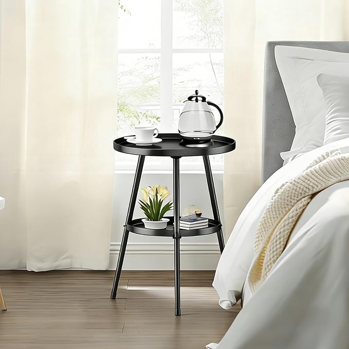 Side Table 2-Tier Small Round End Table Metal Black Accent Table for Small Spaces Indoor Outdoor Living Room Bedroom Balcony Office.