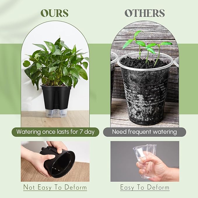 Self Watering Pots for Indoor Plants with Deep Reservoir and High Drainage Holes for Outdoor Plants and Flowers, Bare Root Planter(4.72'', 5.91'', 7.09'',Black,9 Pcs)