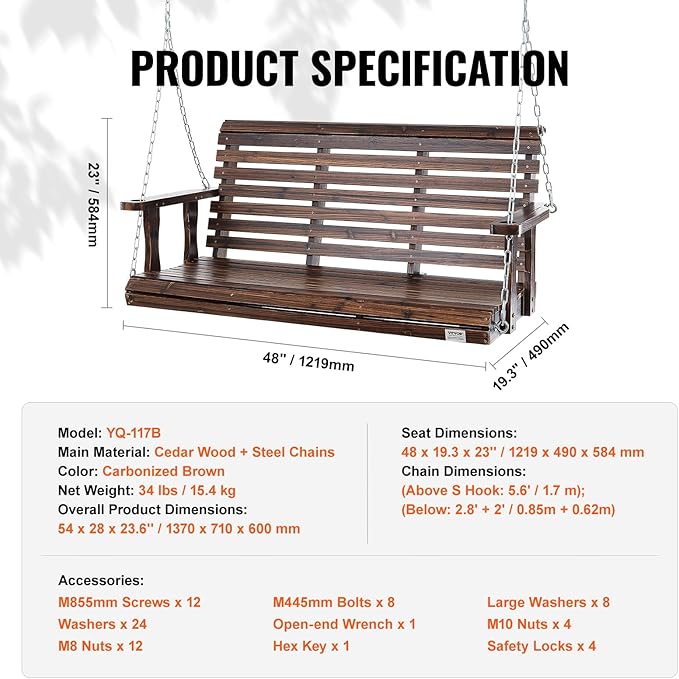 VEVOR Outdoor Wooden Porch Swing, 880lbs 4.5FT Heavy Duty Haning Porch Swings Bench Chair for Patio, Garden and Courtyard