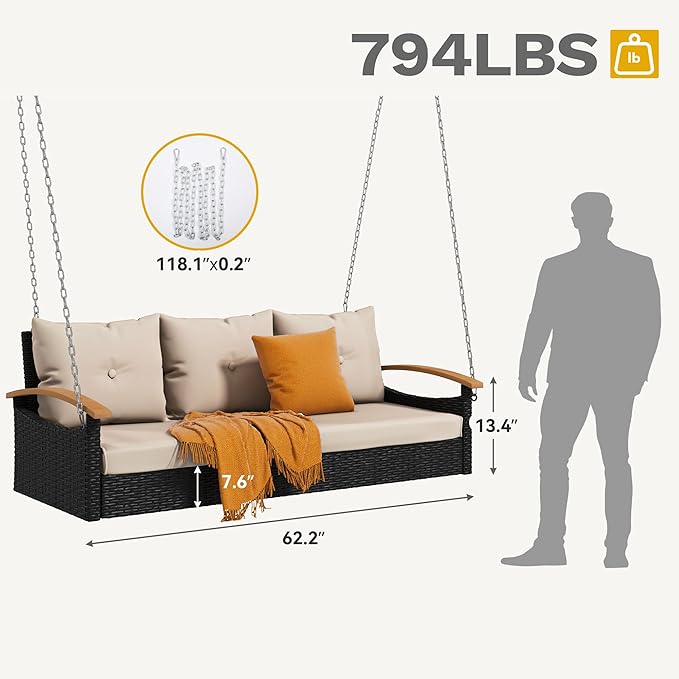 DWVO 3 Seats Porch Swing Hanging Bench Swing Outdoor Wicker Patio Swing Lounge Front Rattan for Garden, Balcony, Black&Beige