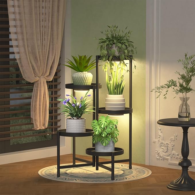 iDavosic.ly 5 Tier Large Plant Stand Indoor with Grow Light, Tiered Corner Metal Outdoor Flower Display Holder Shelf with 10 Inch Wide Tray, Folding Tall Rack for Patio Porch Living Room, Black