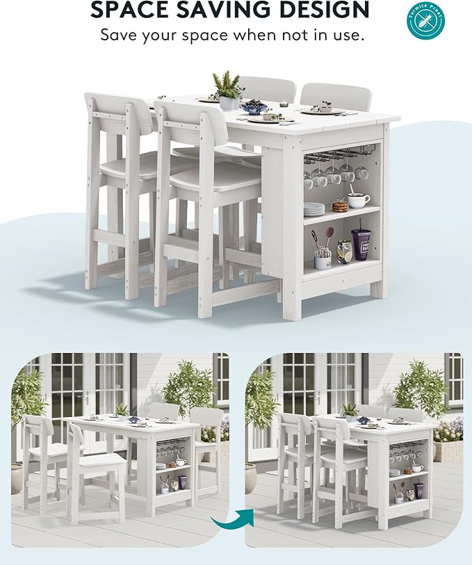 SERWALL 10-Piece HDPE Counter Height Dining Table Sets with Storage and Wine Rack, 2 Rectangular Bar Table with Bar Stools Set of 8 for Garden, Backyard, Kitchen, White