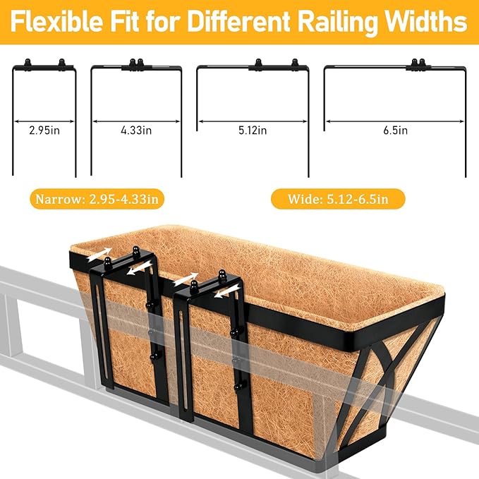 Riare 4 Pack 16 Inch Metal Railing Planter Window Box with Coco Liner- Adjustable Window Flower Boxes for Railings, Hanging Rail Planters for Deck, Balcony, Porch, Fence, Indoor Outdoor Plants
