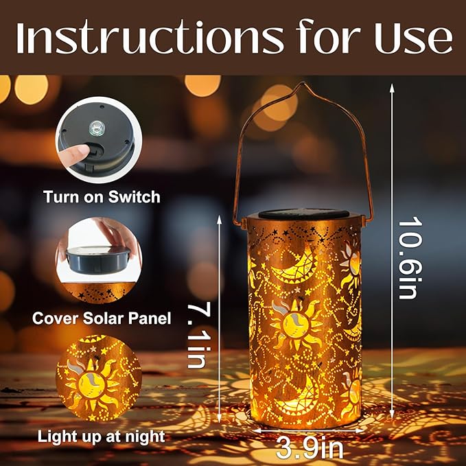 Solar Lanterns Outdoor Hanging Lantern Lights,Sun Moon Metal Decor Lanterns-Waterproof LED Decorative Light for Garden Patio Yard Lawn Backyard Front Porch as Gifts for Mom Grandma Women