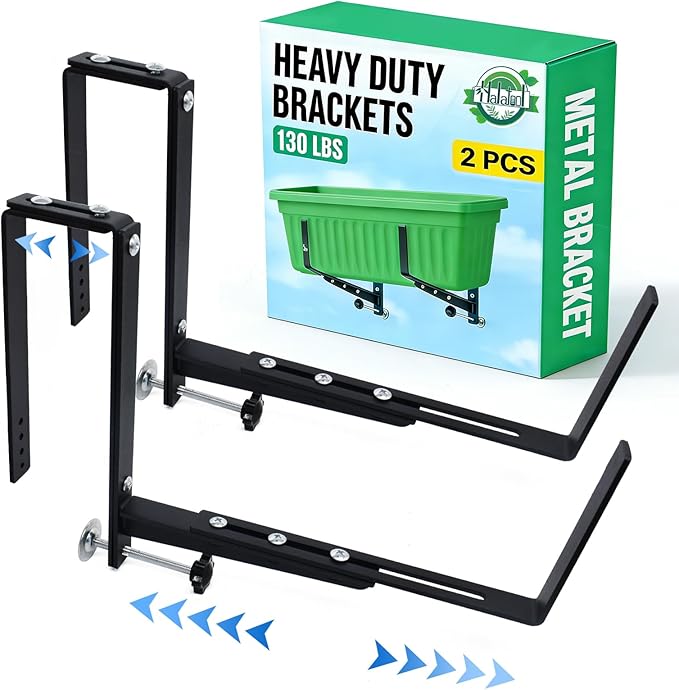 Halatool 2-Pack Adjustable Window Box Bracket, Heavy Duty Wall Mount Planter Holder for Outdoor Window Flower Boxes on Balcony, Porch, Fence and Patio