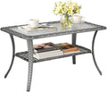 VINGLI Outdoor Coffee Table with Storage Wicker Patio Coffee Table, Tempered Glass Top Coffee Table for Patio Outside Balcony Porch Deck (Grey)