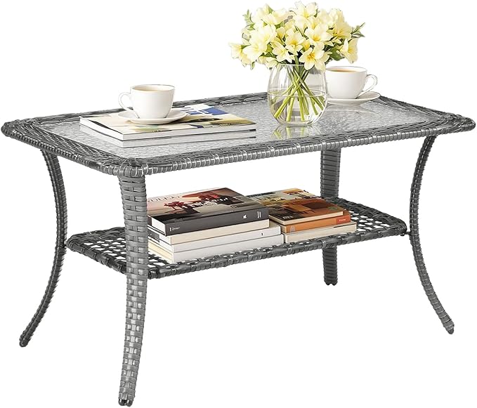 VINGLI Outdoor Coffee Table with Storage Wicker Patio Coffee Table, Tempered Glass Top Coffee Table for Patio Outside Balcony Porch Deck (Grey)
