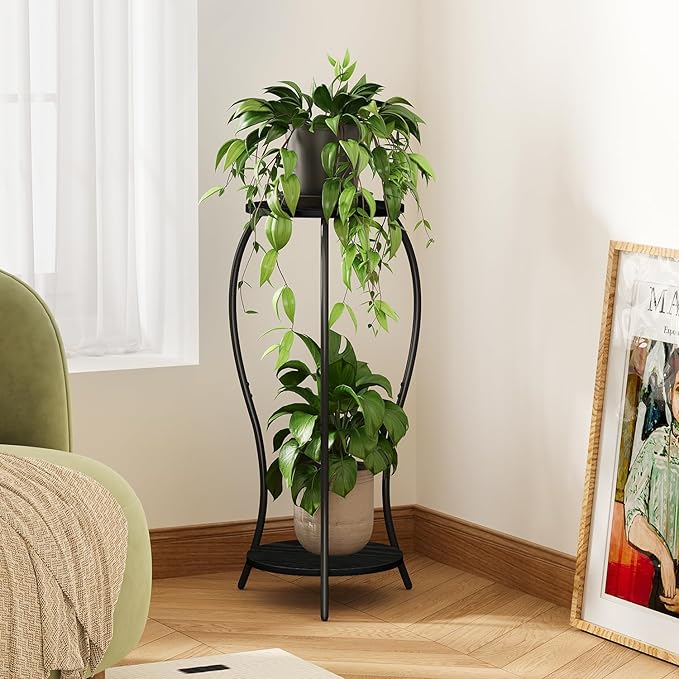 Plant Stand Indoor, 2 Tier Round Tall Plant Stand, Flower Pot Stand, Plant Shelf Rack, Corner Plant Stand for Planter Garden Balcony Patio Living Room (Black-Wood, 2 Tier)