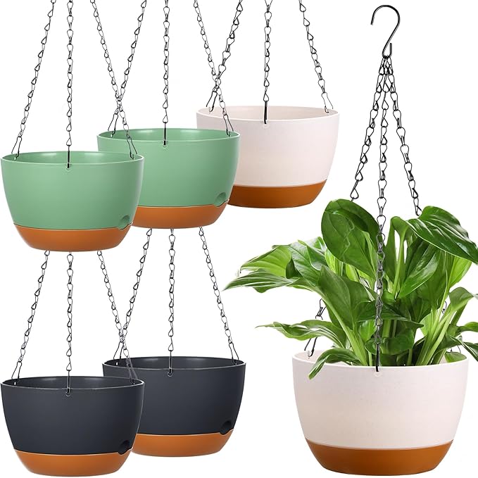 Mumufy 6 Pcs 8 Inch Hanging Planter for Indoor and Outdoor Plants Plastic Hanging Flower Pots with Drainage Hole and Removable Saucer Hanging Plant Holder Plant Hanging Basket (Mixed Colors)