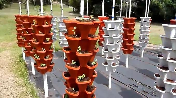 Strawberry Stackable Planter, Vertical Tower Garden, 5 Tiered Stacking Herb Vegetable Planters with Movable Casters and Bottom Saucer Indoor and Outdoor - Terra Cotta