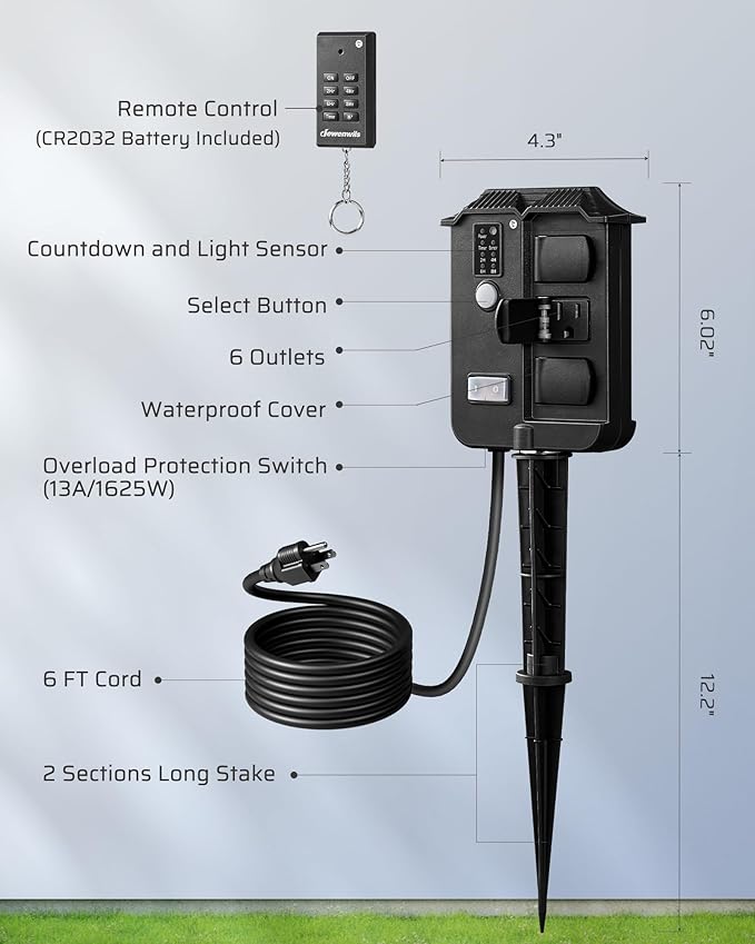 DEWENWILS Outdoor Power Stake Timer Waterproof, 6 Grounded Outlets, 6FT Extension Cord, 100FT Wireless Remote Control, Photocell Dusk to Dawn Timer for Lights, Yard, Garden, UL Listed