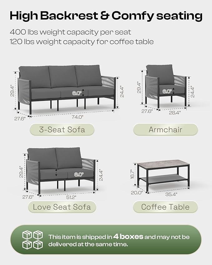 Aluminum Outdoor Patio Couch Loveseat, HDPE Rope Patio Sofa with Washable Thick Cushion, All-Weather Patio Furniture for Balcony, Yard, Gray Frame, Charcoal