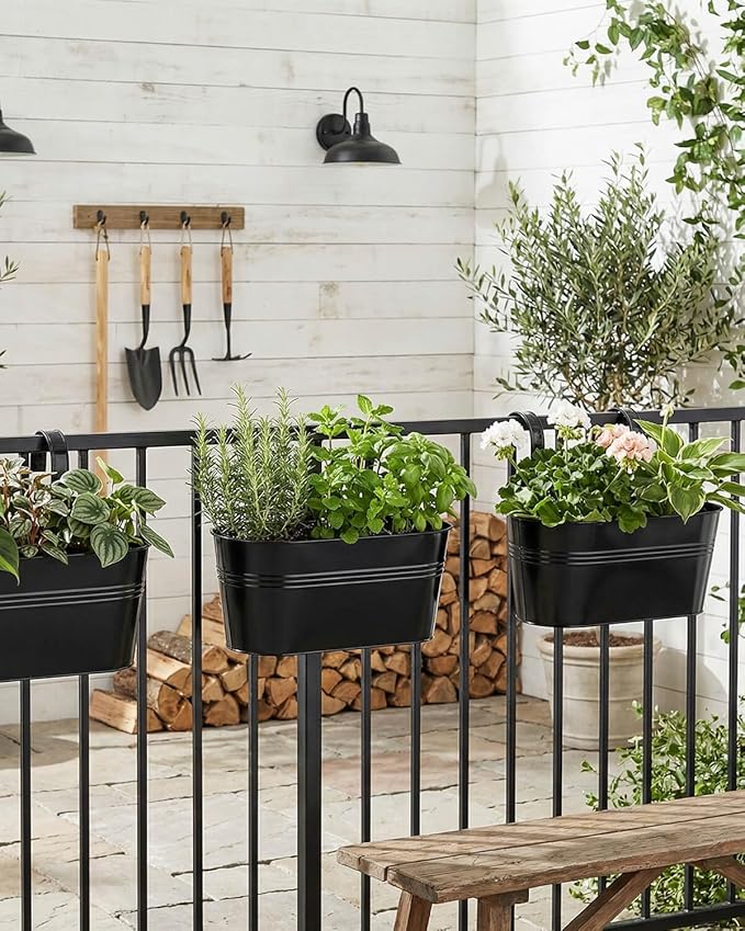 Metal Railing Planters for Outdoor Plants - 5 Pcs Balcony Hanging Flower Pots with Detachable Hooks & Drain Holes, Windowsill Oval Hanging Bucket Pots Fence Planters for Garden Home Decor, Black