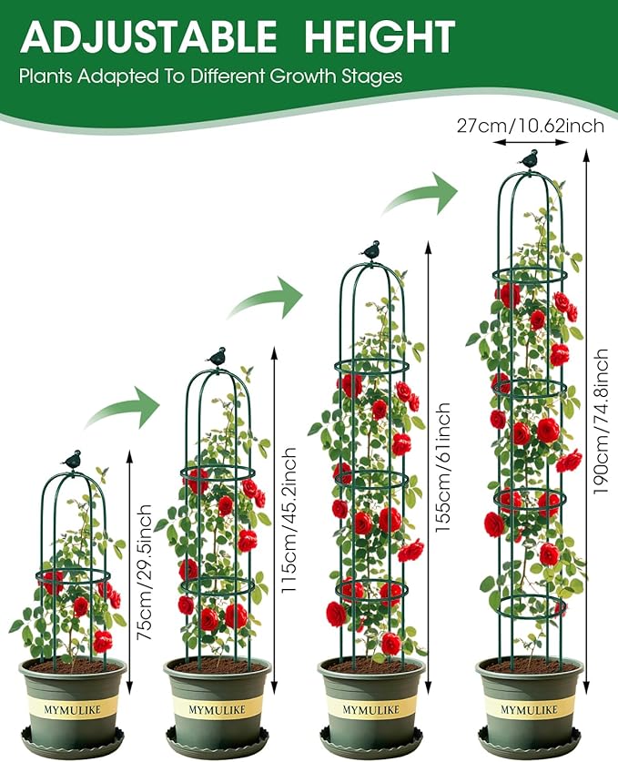2PCS Garden Trellis for Climbing Plants, 6.2FT Rustproof Metal Pipe with Heavy Duty Plastic Coated, Garden Outdoor Indoor Potted Plant Support, Obelisk Garden Trellis for Climbing Vine (Green)