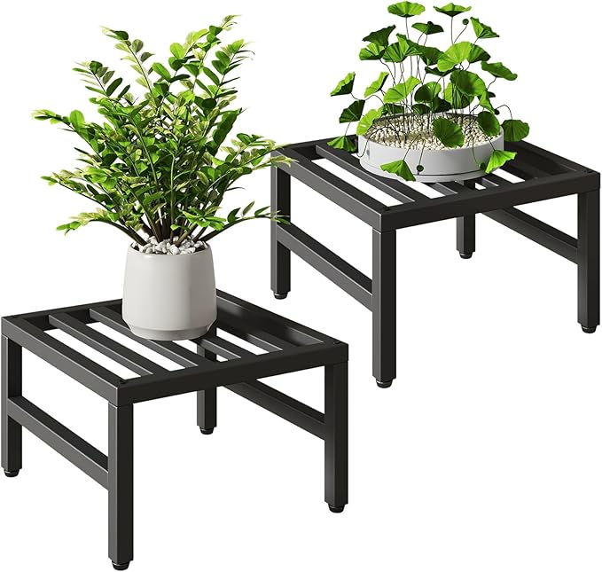 IBUYKE 2 Pack Metal Plant Stand Indoor Outdoor, Heavy Duty Small Flower Pot Stand, Modern Square Plant Shelf Flower Stand for Living Room Patio Balcony Garden, Black TMJ075B-2