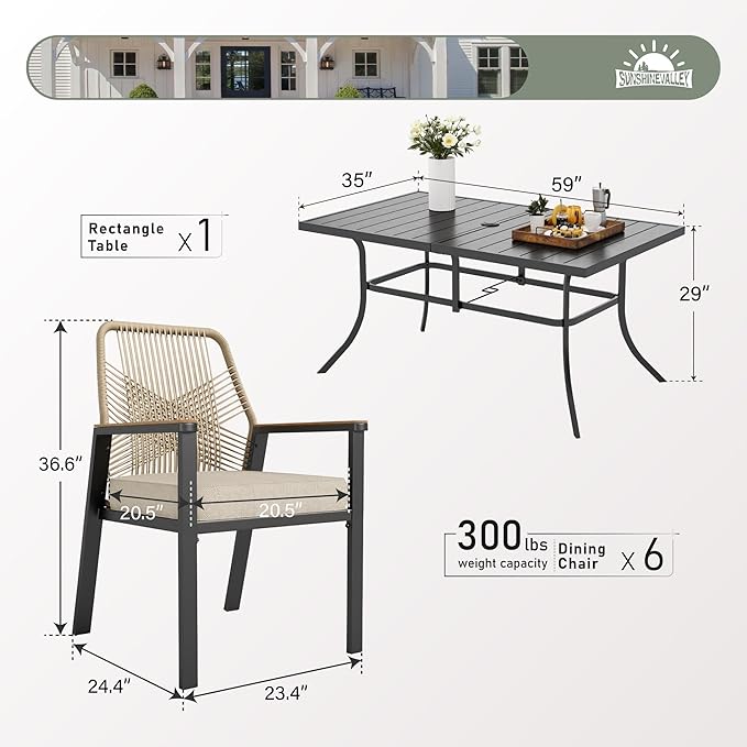 7 Pieces Patio Dining Set, 6 x Woven Rattan Chairs with Waterproof Cushion, 59" Rectangular Metal Dining Table with Umbrella Hole, Outdoor Table and Chairs Set for Backyard Lawn and Deck, Beige