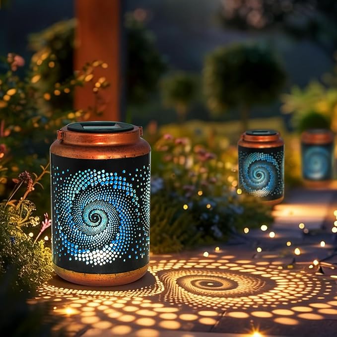 2 Pack Solar Lanterns Outdoor Hanging Metal Waterproof LED with Solar Powered Garden Patio Decorations Decor with Handle Christmas Gift Idea