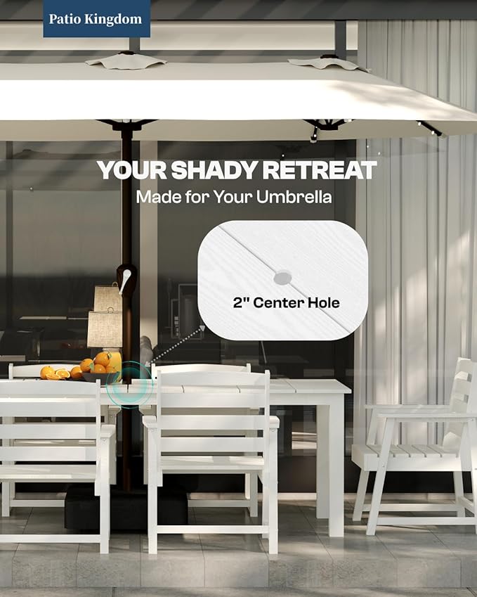5-Piece White Outdoor Dining Set with White 15FT Large Patio Umbrella, 75.2'' HDPE Table & Chairs for 8, Weather-Resistant Furniture with Umbrella Hole for Patio, Lawn, Poolside
