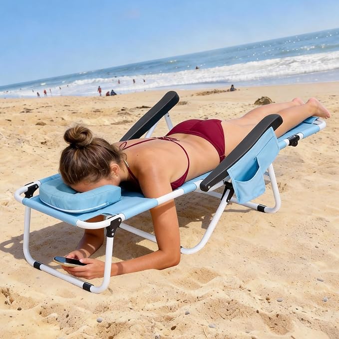 ABORON Tanning Chair with Face Hole, 5-Position Adjustable Reclining Beach Lounge Chair, Folding Face Down Sun Lounger for Beach, Poolside, Patio, Lawn, Home(Sky Blue)