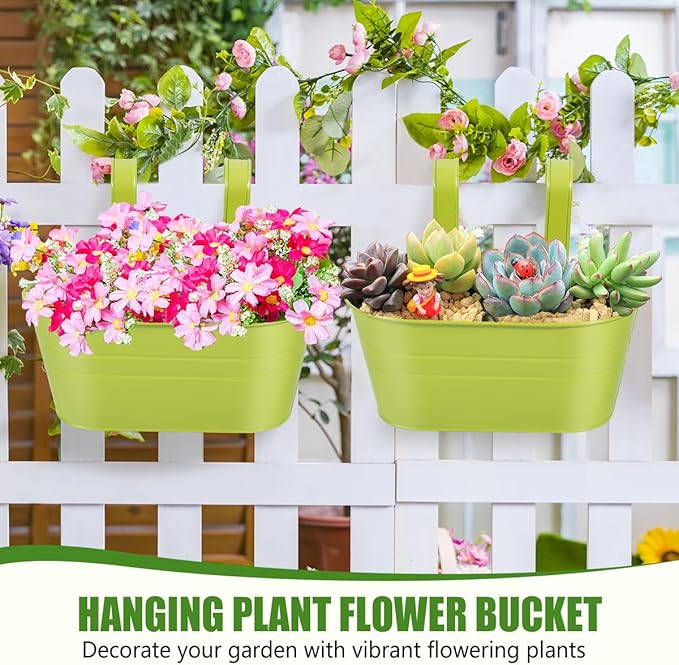OBTANIM 4 Pack Metal Hanging Flower Pots Iron Railing Planter Outdoor Fence Hanging Pots Bucket Plant Holder with Detachable Hooks Drain Holes for Home Garden Yard Decor (Green)