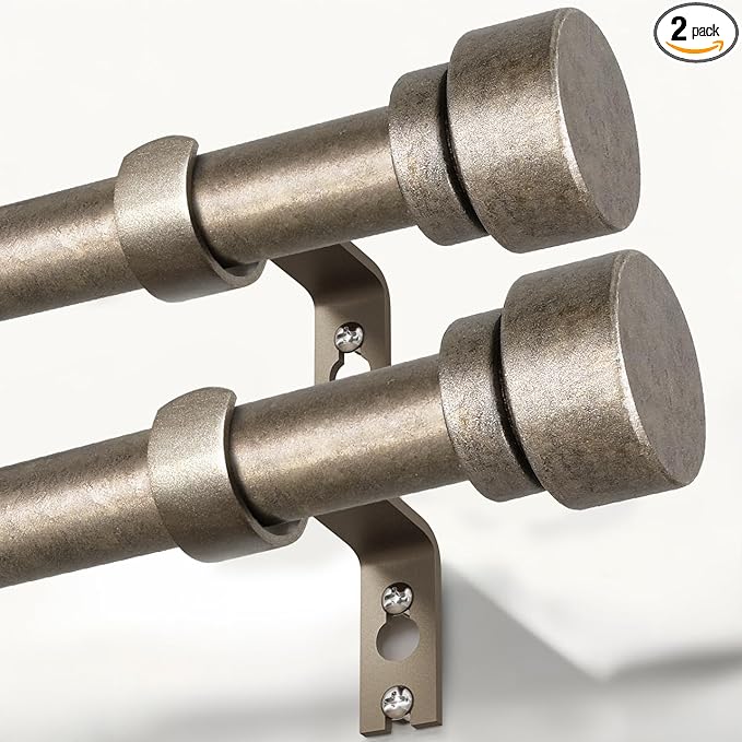 2 Pack Retro Silver Curtain Rods Set for Windows 66 to 120 Inches Adjustable Length Heavy Duty 1" Diameter Window Curtain Rod with Decorative Finials for Outdoor Bedroom Kitchen Living Room Farmhouse