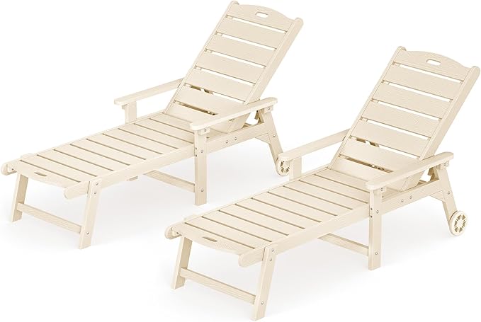 LUE BONA Outdoor Chaise Lounge Chairs Set of 2, HDPS Chaise Lounger, 5 Positions Adjustable Lounge Chairs, Pool Lounge Chair with Wheels for Poolside, Sand