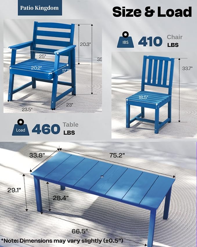 7-Piece Navy Blue Outdoor Dining Set with Beige 11FT Large Patio Umbrella, 75.2'' HDPE Table & Chairs for 6, Weather-Resistant Furniture with Umbrella Hole for Patio, Lawn, Poolside