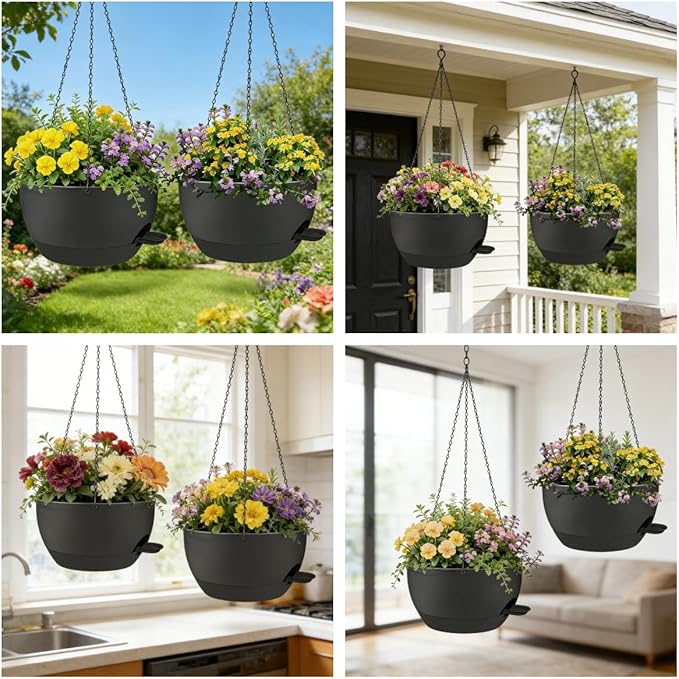 2 Pack 12 Inch Self Watering Hanging Planters for Indoor Plants, Large Black Plastic Hanging Pots with Chains for Outdoor Patio Garden Home Decor Black