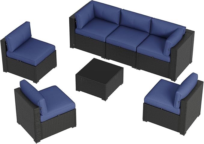 Aoxun 7 Piece Patio Furniture Set Wicker Rattan Patio Sectional Sofa Set Outdoor Seating Furniture with Thickened Cushion, Navy Blue