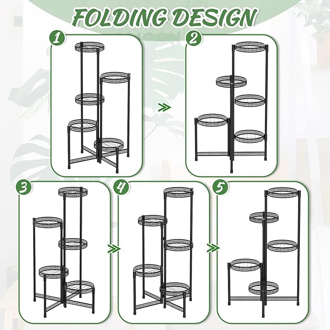 iDavosic.ly Plant Stand Indoor Outdoor, 5 Tier Corner Metal Flower Display Holder Shelf, Easy Assembly Folding Tall Orchid Rack for Patio Balcony Porch Garden Living Room House, Wrought Iron - Modern Black