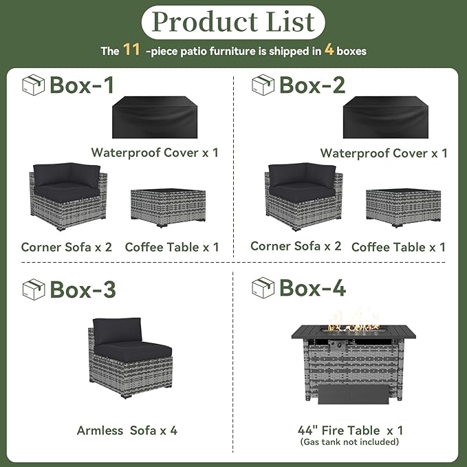 Aoxun 11 Piece Patio Furniture Set with 44” Fire Pit Table Wicker Rattan Outdoor Sectional Sofa Set with Coffee Table and Thickened Cushions, Grey/Black (Waterproof Cover Included)