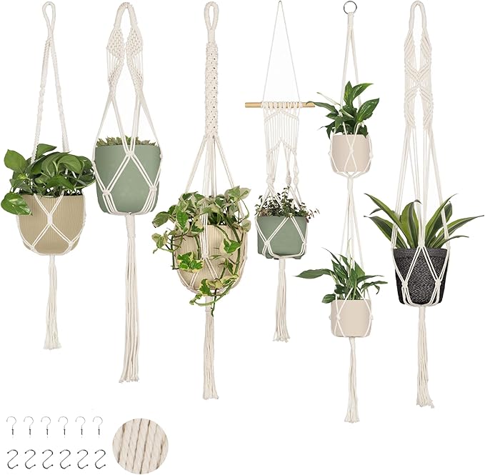 Nook Theory 6-Pack Macrame Plant Hangers with 12 Hooks - Hanging Planters for Indoor Plants, Boho Macrame Hangers Indoor Outdoor, Decorative Plant Hanger Indoor (Cream)