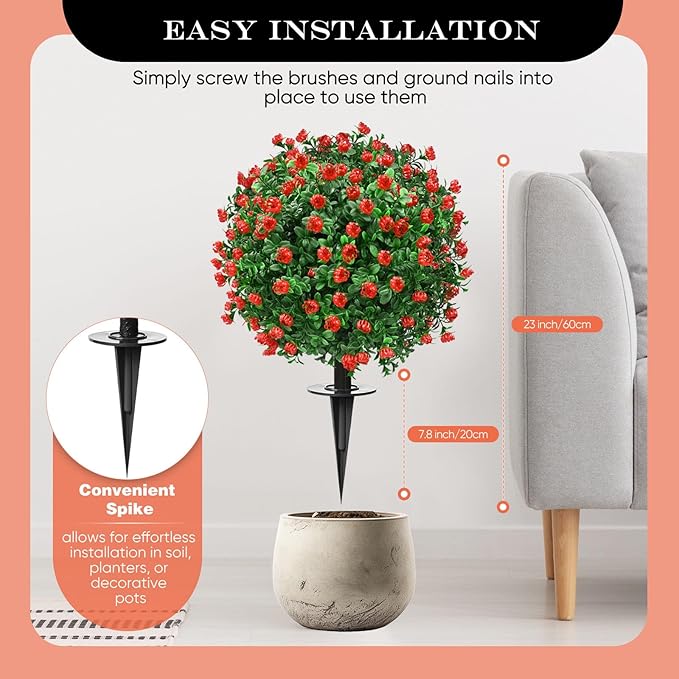 Artificial Topiary Bushes for Outdoors with Spike, Boxwood Ball Fake Shrubs UV Resistant Faux Plants for Indoor Outdoor Fall Thanksgiving Halloween Decor (Artificial Boxwood Ball Bush-Red)