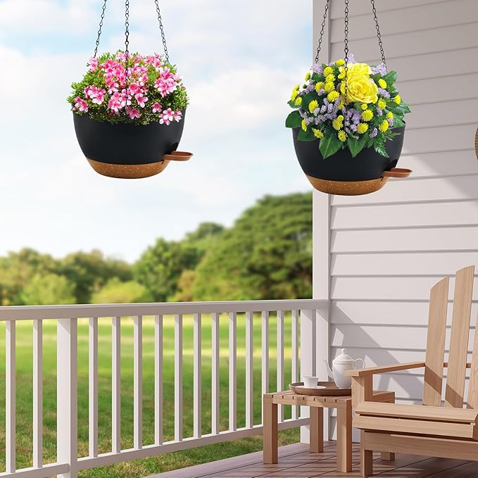 12 inch Hanging Planters for Indoor Plants, 2 Pack Self-Watering Hanging Planter Pots with Chain and Drainage Holes, Outdoor Plastic Hanging Baskets for Garden Home Decor