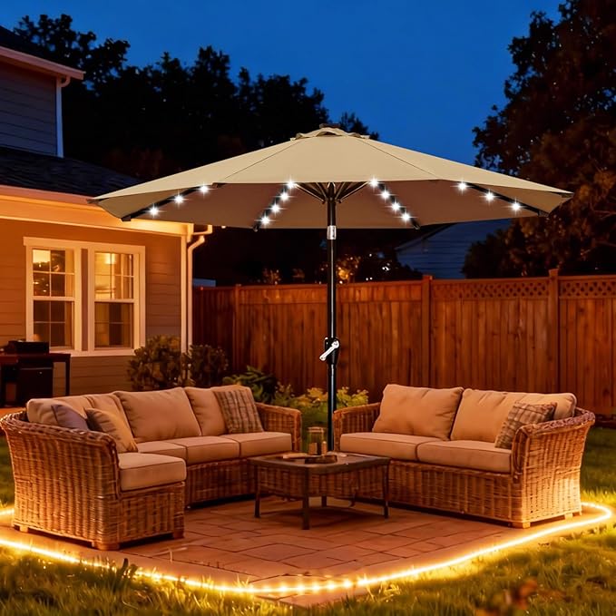 ABCCANOPY Durable Solar Led Patio Umbrellas with 32LED Lights 9FT (Tan)