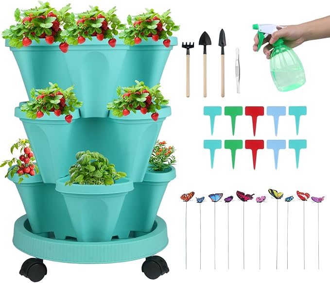 Vertical Planter 3 Tier Stackable Planters Garden Planters Strawberry Herb Flower and Vegetable Planter Indoor Outdoor Gardening Pots with Removable Wheels and Tools