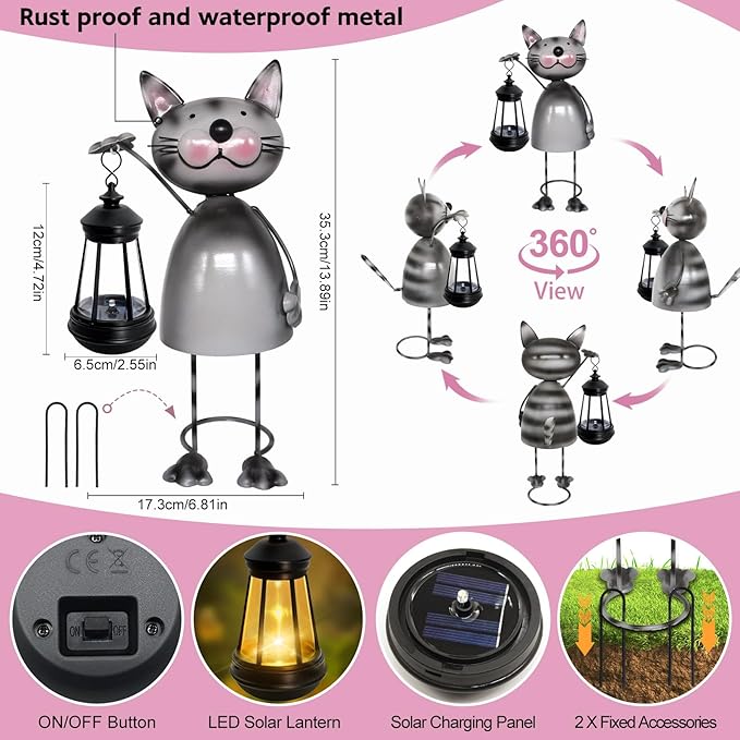 Garden Decor Cat Solar Statues,Unique Garden Statues Cat with Solar Lantern Waterproof, Birthday Gifts for Women Mom Grandma, Front Patio Balcony Yard Art Lawn Ornaments Porch Outdoor Decoration