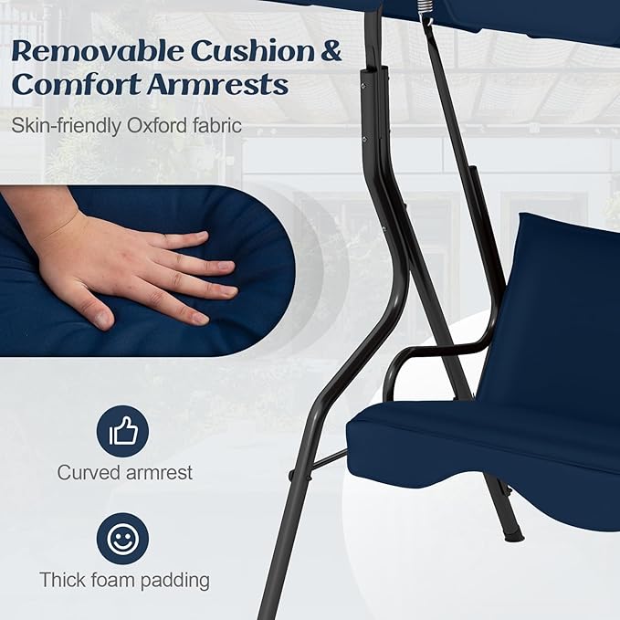 Tangkula 3 Person Porch Swing, Patio with Removable Cushion & Powder-Coated Steel Frame, Outdoor Swing with Canopy for Porch, Backyard, Garden, Balcony(Navy)