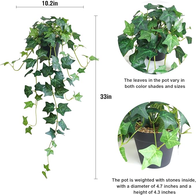 Fake English Ivy Plants in Pots Set of 2 – Realistic Artificial Ivy Greenery for Home Decor, Tabletop, Office, Shelf, Balcony or Bathroom – Lifelike Faux Hanging Vines, No Maintenance Required