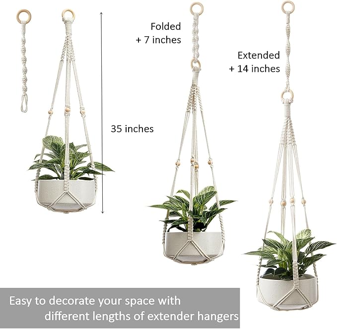 CADNLY Macrame Plant Hangers Indoor – Rope Hanging Plant Holder with Extender - Boho Hanging Planters Indoor - White Macrame Hanger Outdoor Flower Pot Holder from Ceiling Wall 3 Pack 6 Hooks