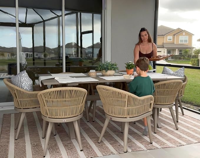 PURPLE LEAF 9 Pieces Outdoor Dining Set with Patio Aluminium Dining Table and Woven Rattan Chairs Modern Metal Furniture Cushions Sets for Garden Yard Indoor Kitchen Champagne