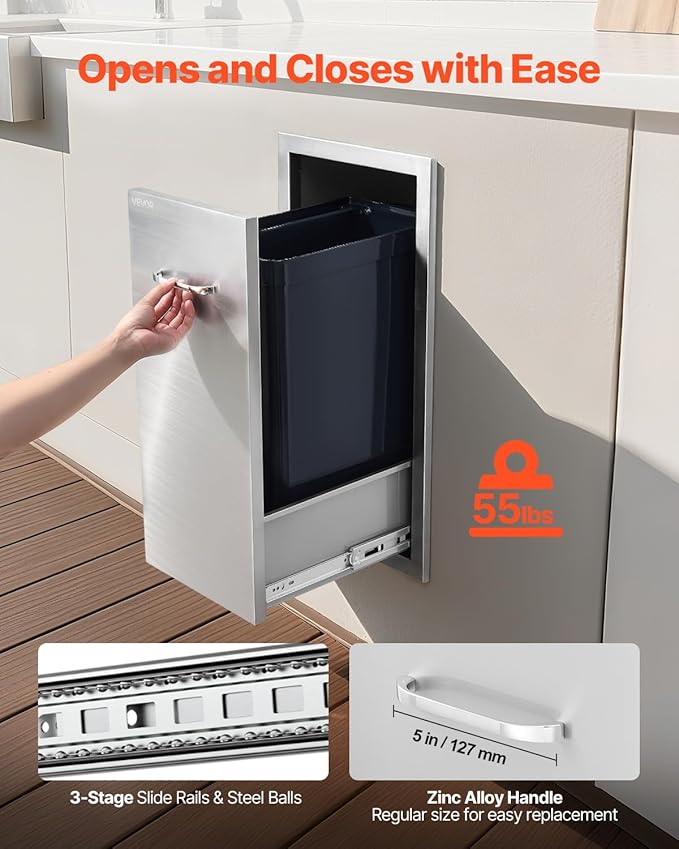 VEVOR Outdoor Kitchen Trash Drawer, 11.81" W x 19.6" D x 23.62" H Interior Storage, Multi-Purpose Outdoor Kitchen Drawers Stainless Steel, 55 lbs Max Capacity per Tier, for Outdoor BBQ Island Kitchen