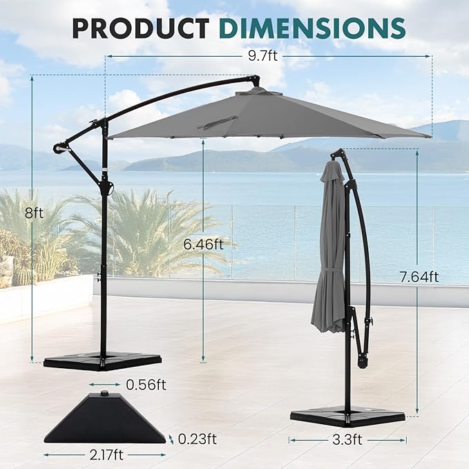 OLIXIS 9.7FT Offset Patio Umbrella with Base, Cantilever Table Umbrellas for Outdoor Sun Shade UV Protection with Easy Tilt Adjustment, 8 Ribs for Backyard, Lawn, Garden, Pool - Grey