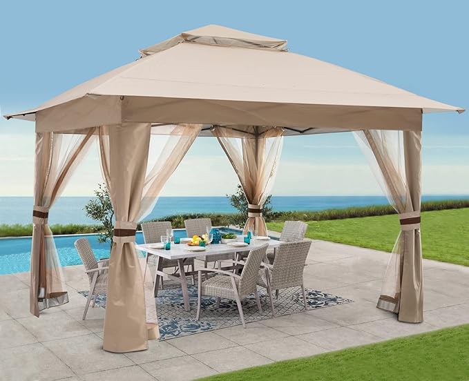 COOSHADE 13x13 Pop Up Gazebo Tent Outdoor Canopy Patio Shelter with Mosquito Netting(Khaki)
