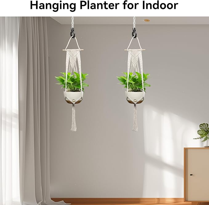 USLAI Macrame Plant Hanger Indoor Outdoor, Fits 4 to 12 Inch Pots, Hanging Planter Holder with Dowel Rod and Tassels, Boho Home Decor, 47+47 Inch, Ivory (POTS NOT Included)
